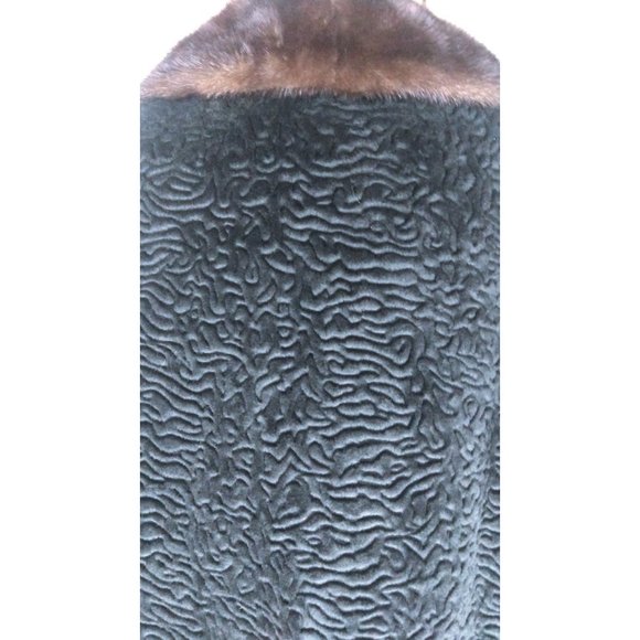 Vintage 60s black faux Persian lamb mink fur collar coat - Picture 4 of 5